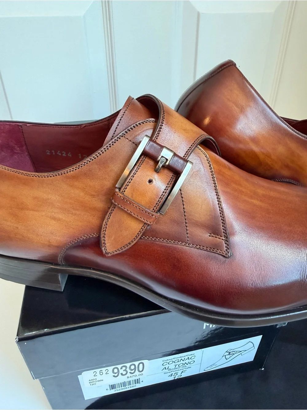 Magnanni Cognac Leather Dress Shoes 12 Hand Antiqued Finish, NIB